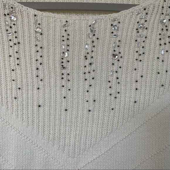 New York & Co. Women’s Long Sleeve Embellished Sweater Cream Silver Size M - Picture 2 of 6